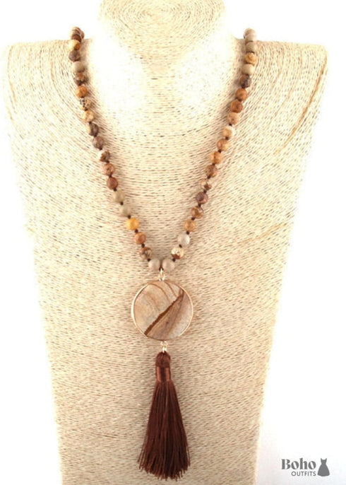 Boho Necklace, RH Amazonite Jasper, Circle Tassel Green White Natural Stone